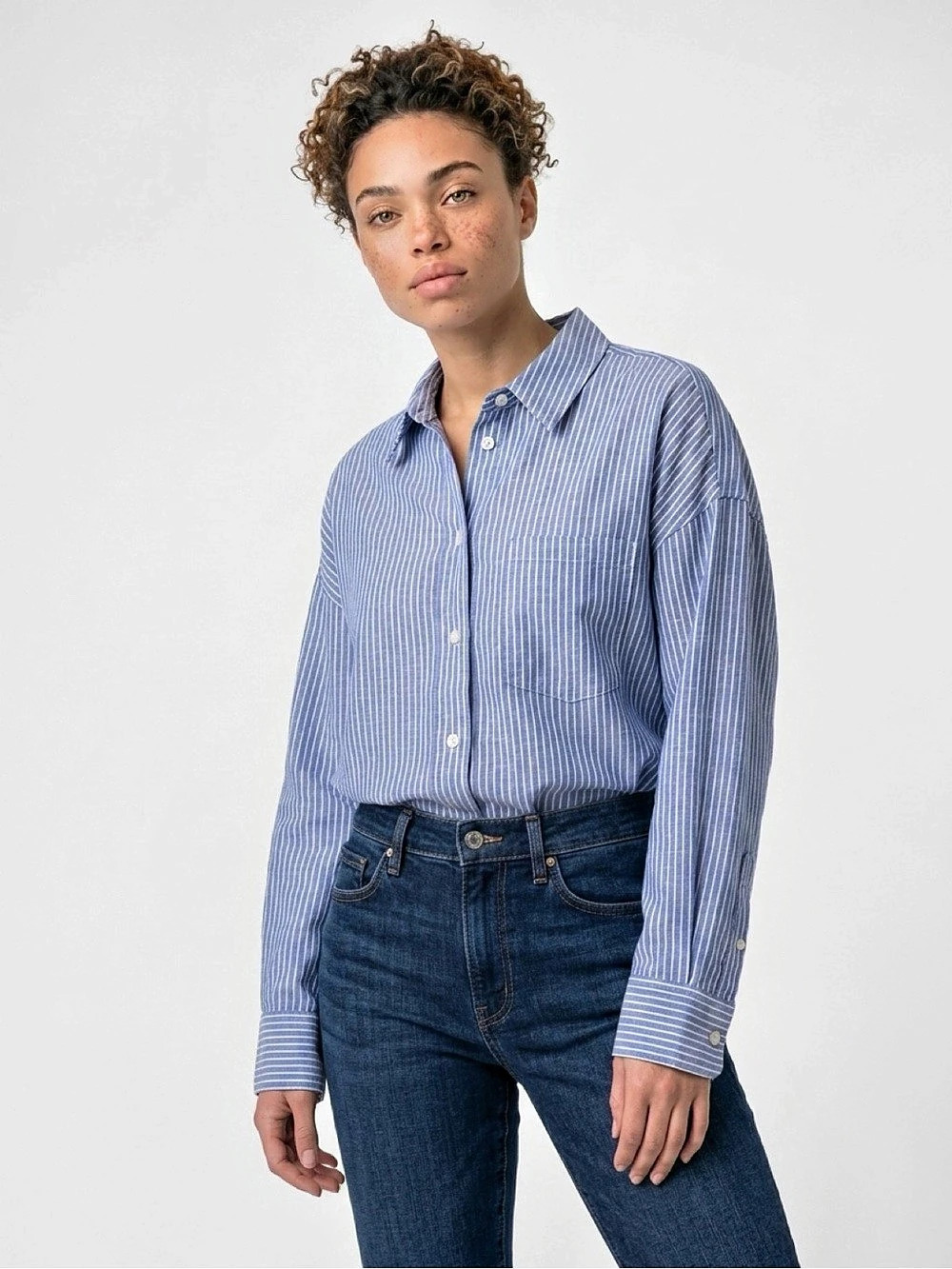 H&M Linen Blend Blue & White Striped Button Down Large